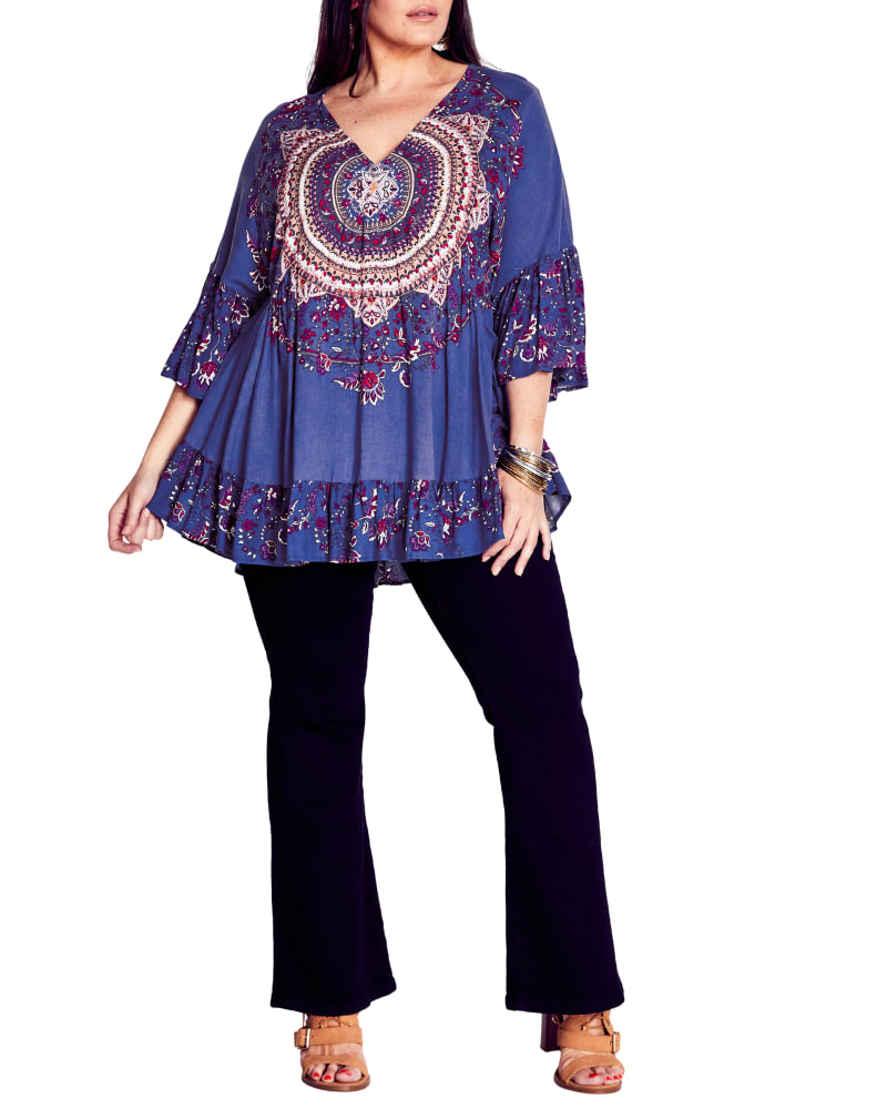 Front of a model wearing a size 14 TUNIC FRANKIE FRILL in Violet by Aveology. | dia_product_style_image_id:256495